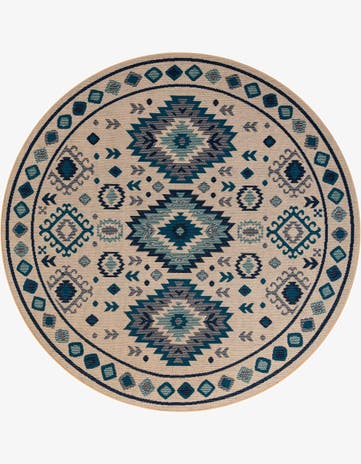 Beige and Blue Easy-Clean Baja Indoor / Outdoor Round Rug