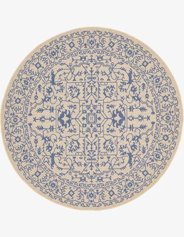 Beige and Blue Easy-Clean Botanical Indoor / Outdoor Round Rug