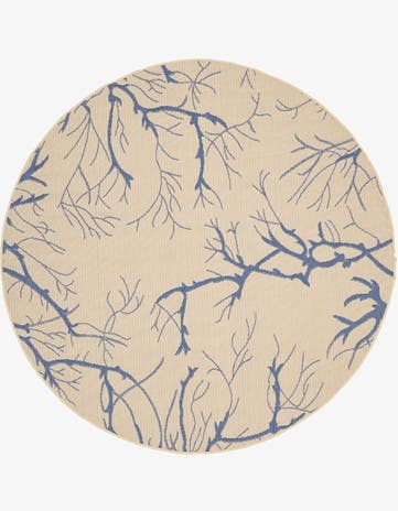 Beige and Blue Easy-Clean Botanical Indoor / Outdoor Round Rug