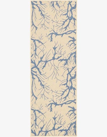 Beige and Blue Easy-Clean Botanical Indoor / Outdoor Runner Rug