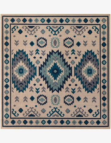Beige and Blue Easy-Clean Baja Indoor / Outdoor Square Rug