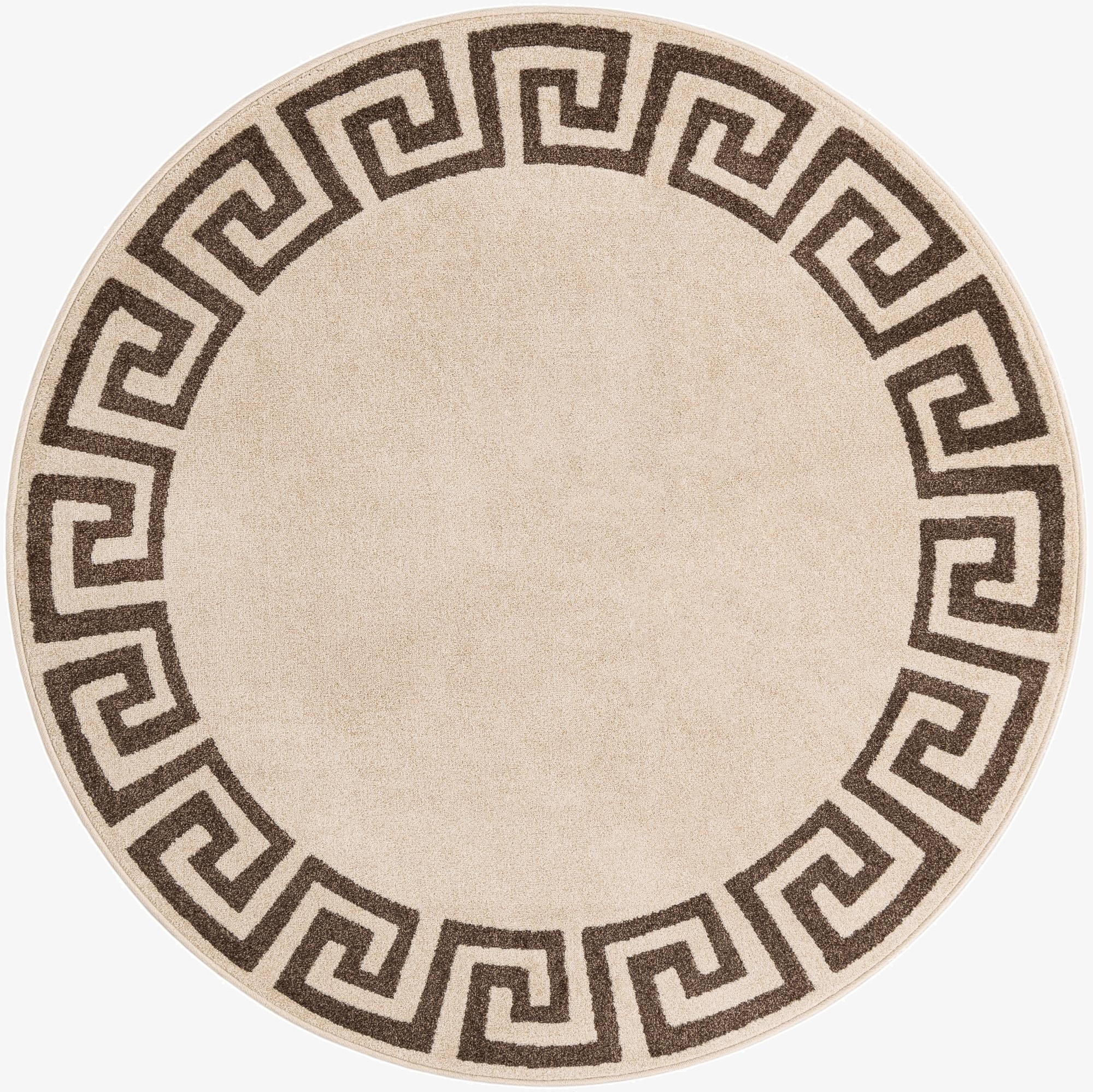 A 6' round tan rug with a dark brown Greek key border pattern, suitable for various indoor spaces.