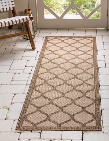 Beige and Brown Easy-Clean Lattice Indoor / Outdoor Runner Rug