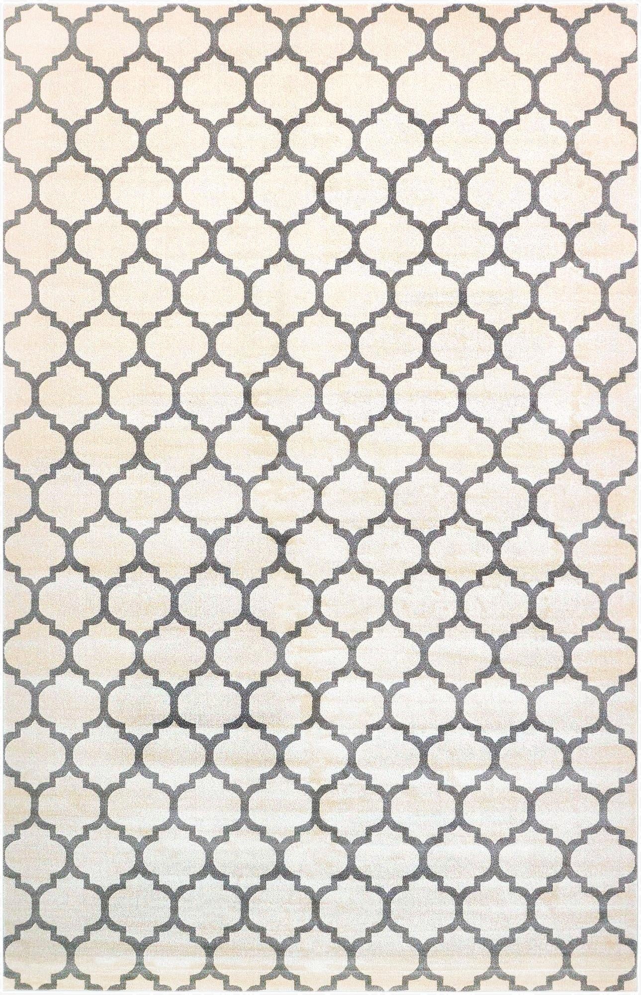 Rectangular Rugs.com Lattice Palace rug with a modern gray trellis pattern on a light tan background, suitable for a living room.