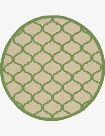 Beige and Green Easy-Clean Lattice Indoor / Outdoor Round Rug