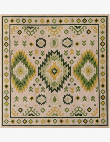 Beige and Green Easy-Clean Baja Indoor / Outdoor Square Rug