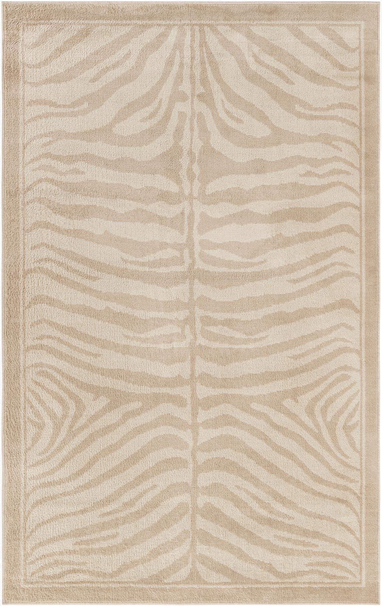 A 5x8 rectangular Savannah collection rug with a modern ivory and cream zebra stripe pattern, framed by a subtle border.