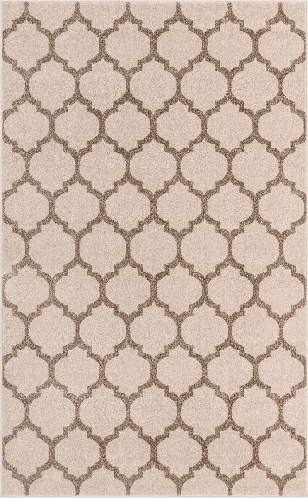 A 5x8 rectangular beige and light brown modern trellis rug, made of polypropylene, suitable for indoor spaces.