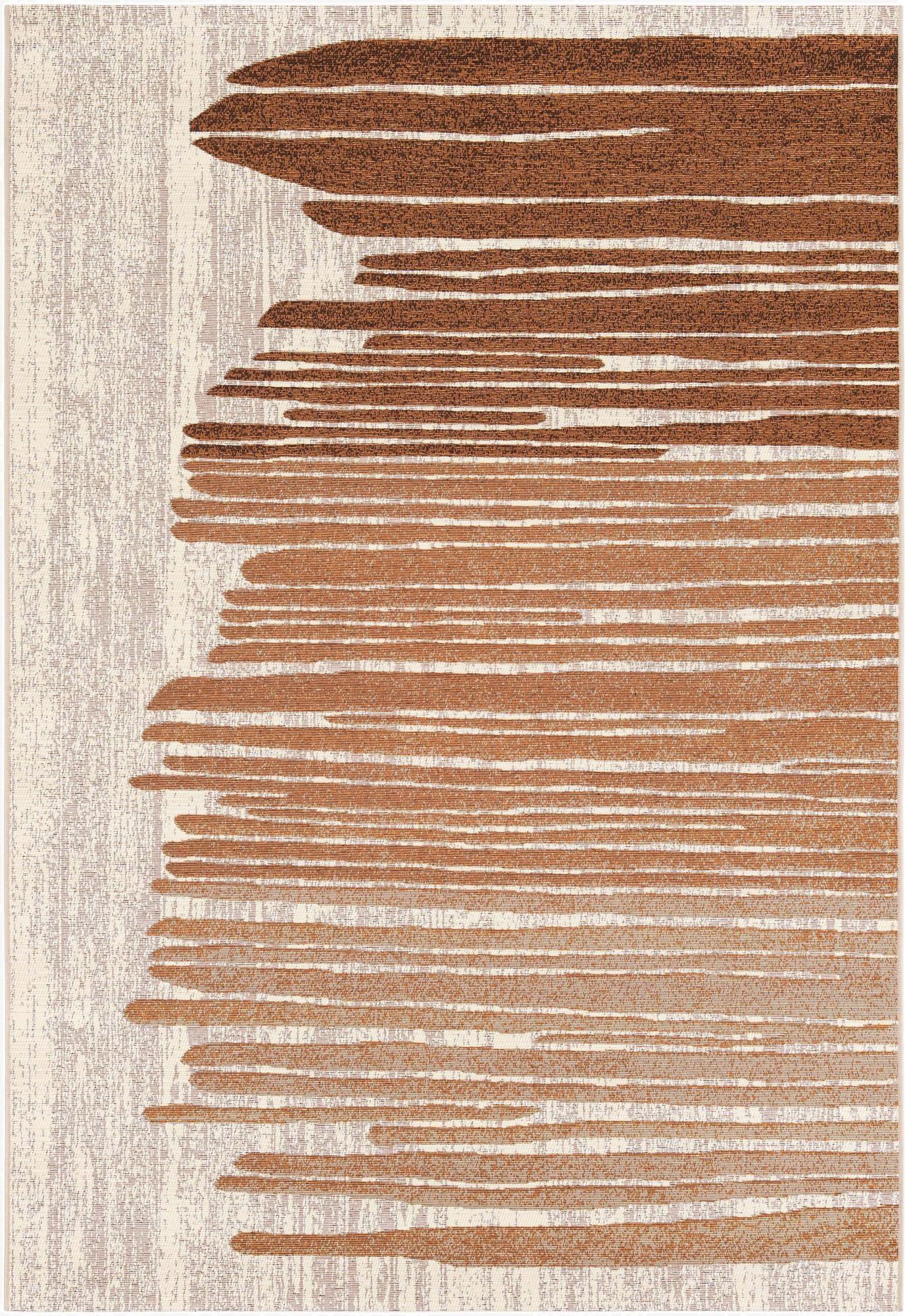 A 5x8 rectangular modern abstract rug featuring horizontal brushstroke-like patterns in varying shades of brown, tan, and cream on a light ivory background, ideal for indoor or outdoor spaces.