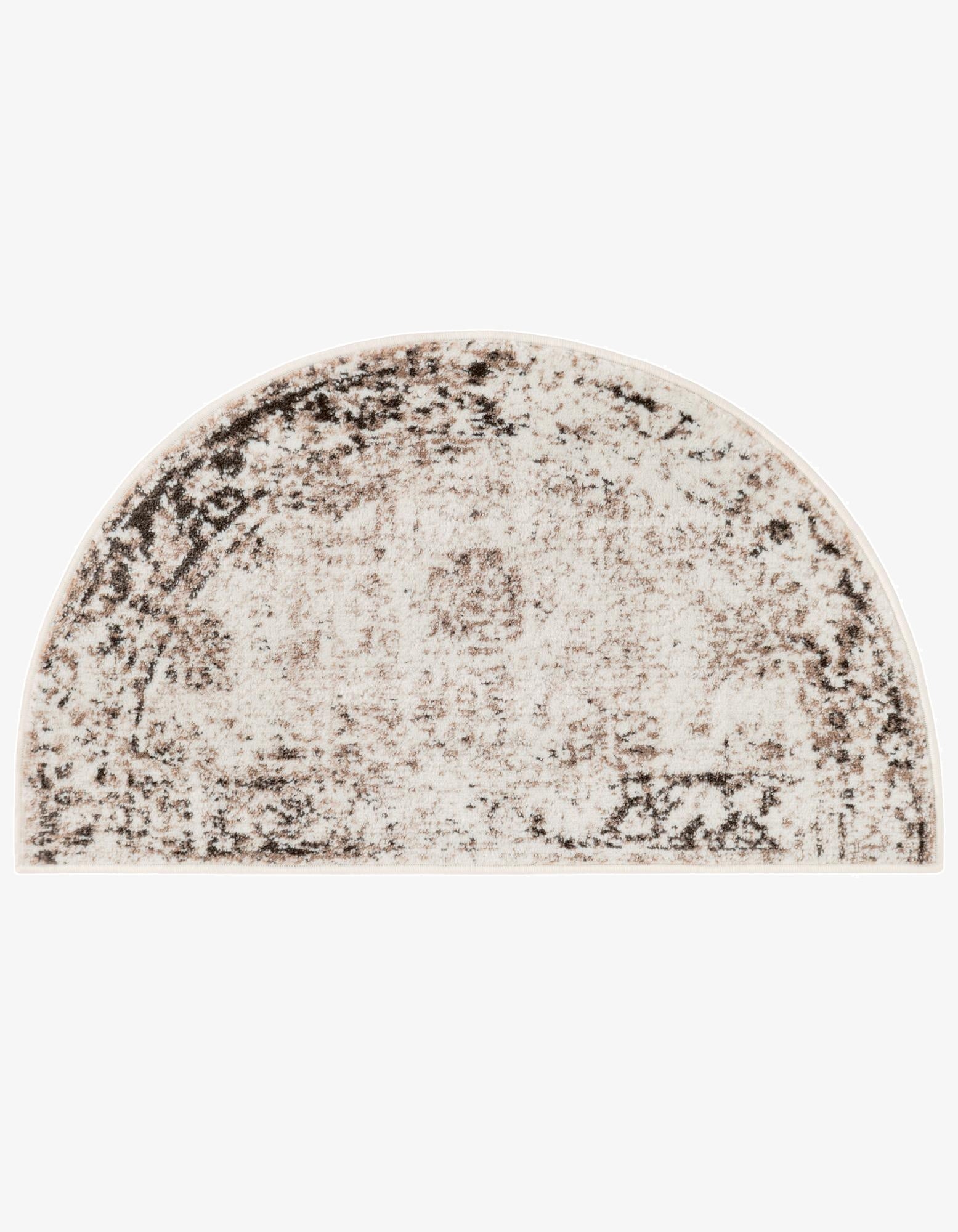 A 2' 2 x 3' 7 hearth-shaped rug featuring an abstract transitional pattern in browns, tans, and ivories.