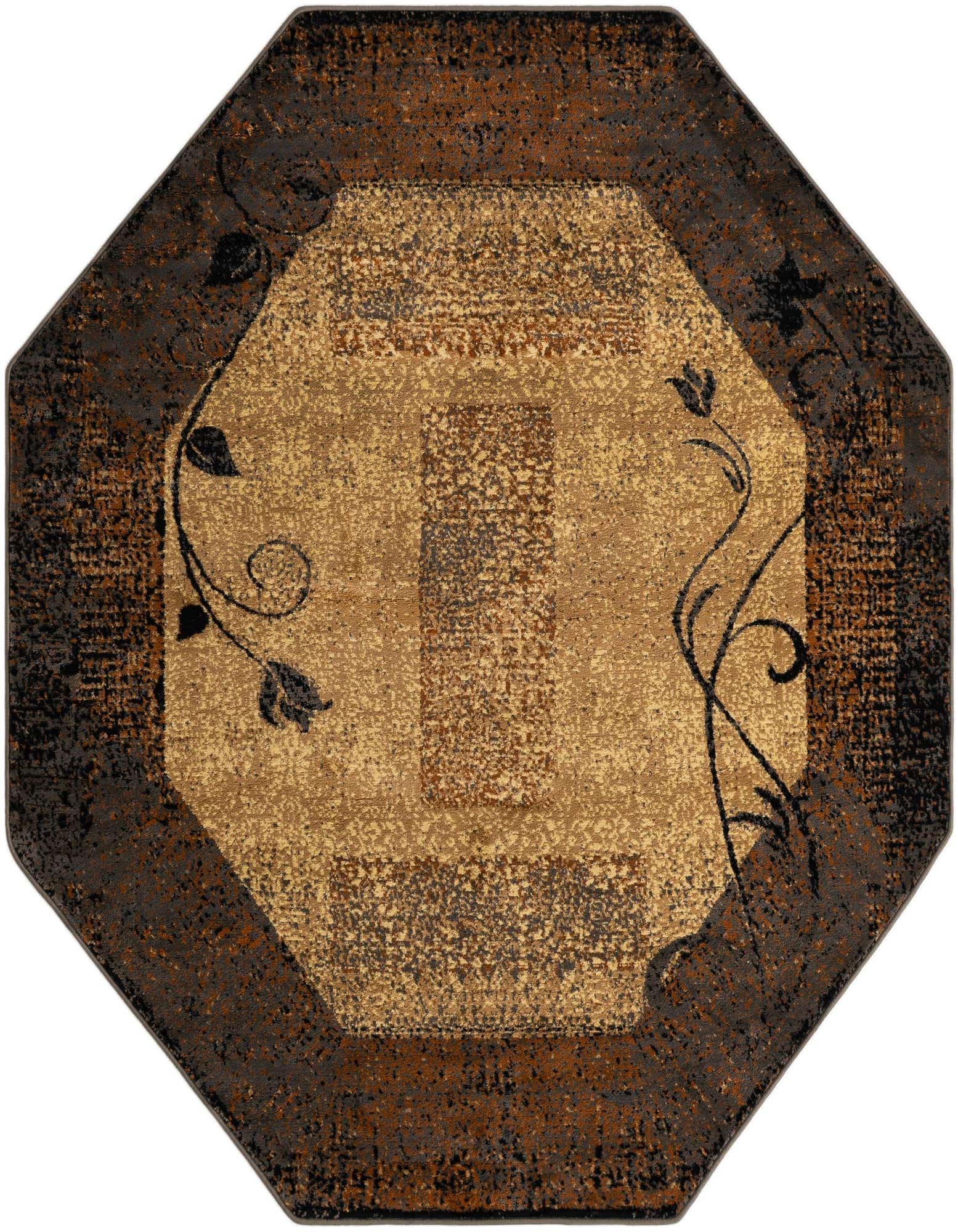 Octagon rug in brown and tan with an eclectic floral pattern, featuring a light center and dark border.