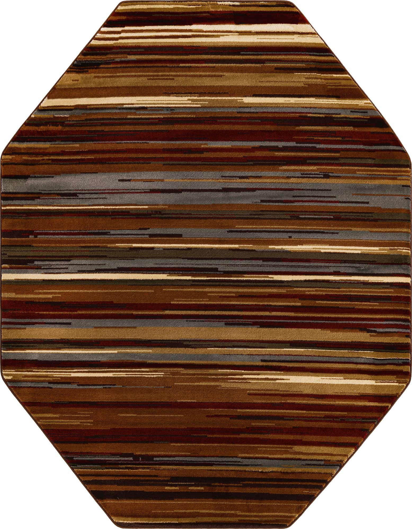 Octagon-shaped rug with a modern stripe pattern in varying shades of brown, tan, cream, and gray.