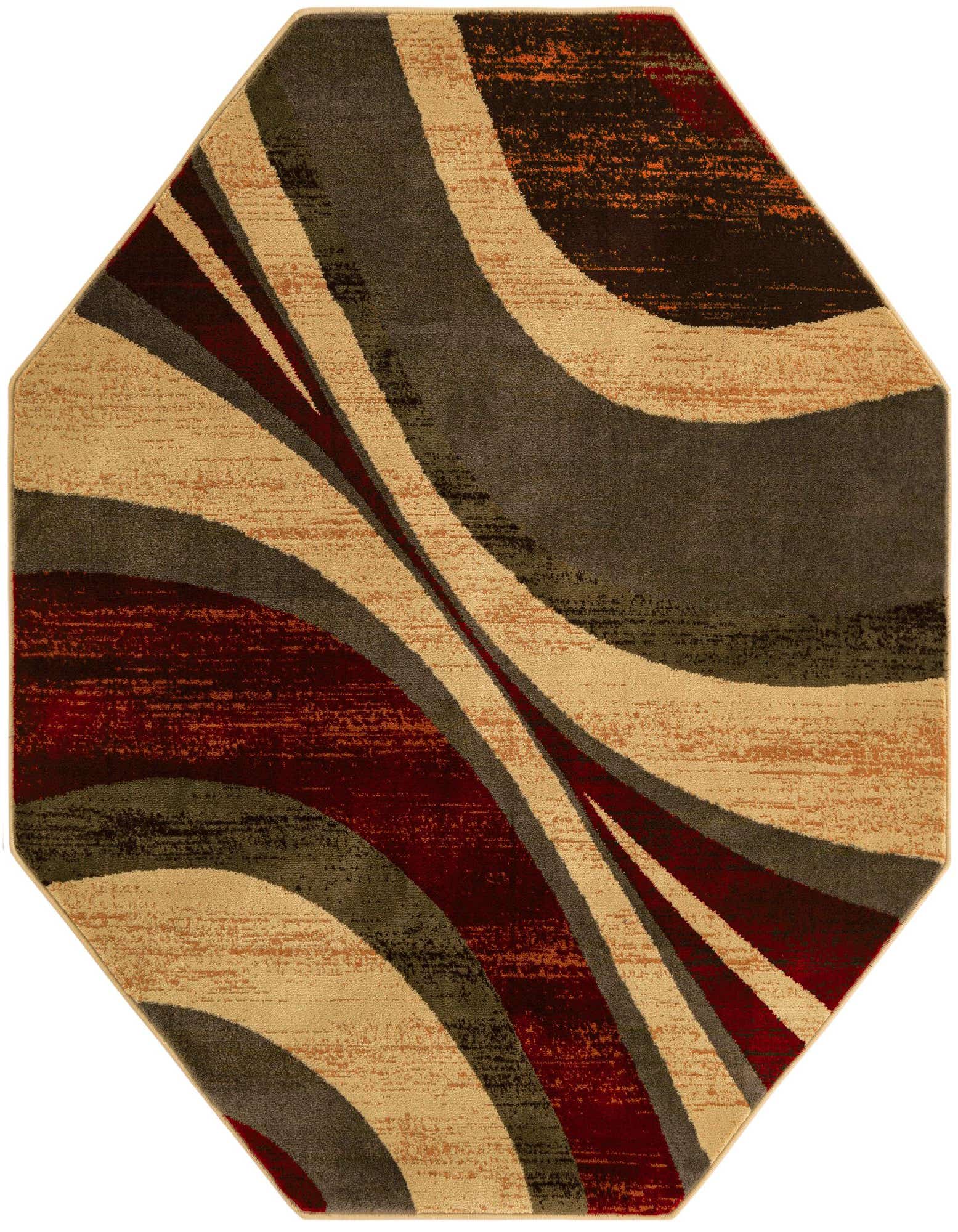 Octagon-shaped Cafe Collection rug with abstract waves in shades of brown, tan, ivory, and deep red.