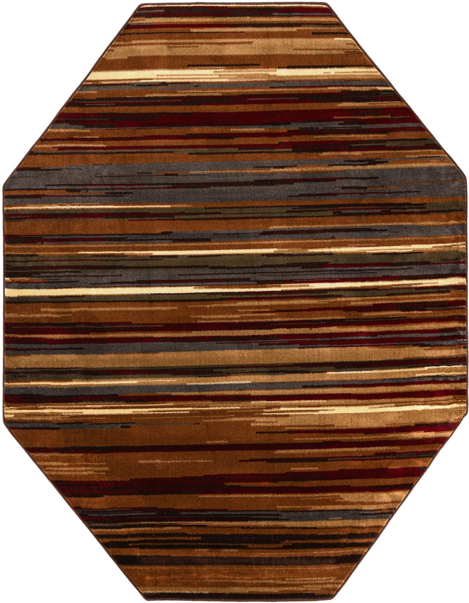 Octagon area rug with a modern stripe pattern in varying shades of brown, tan, cream, and deep red.