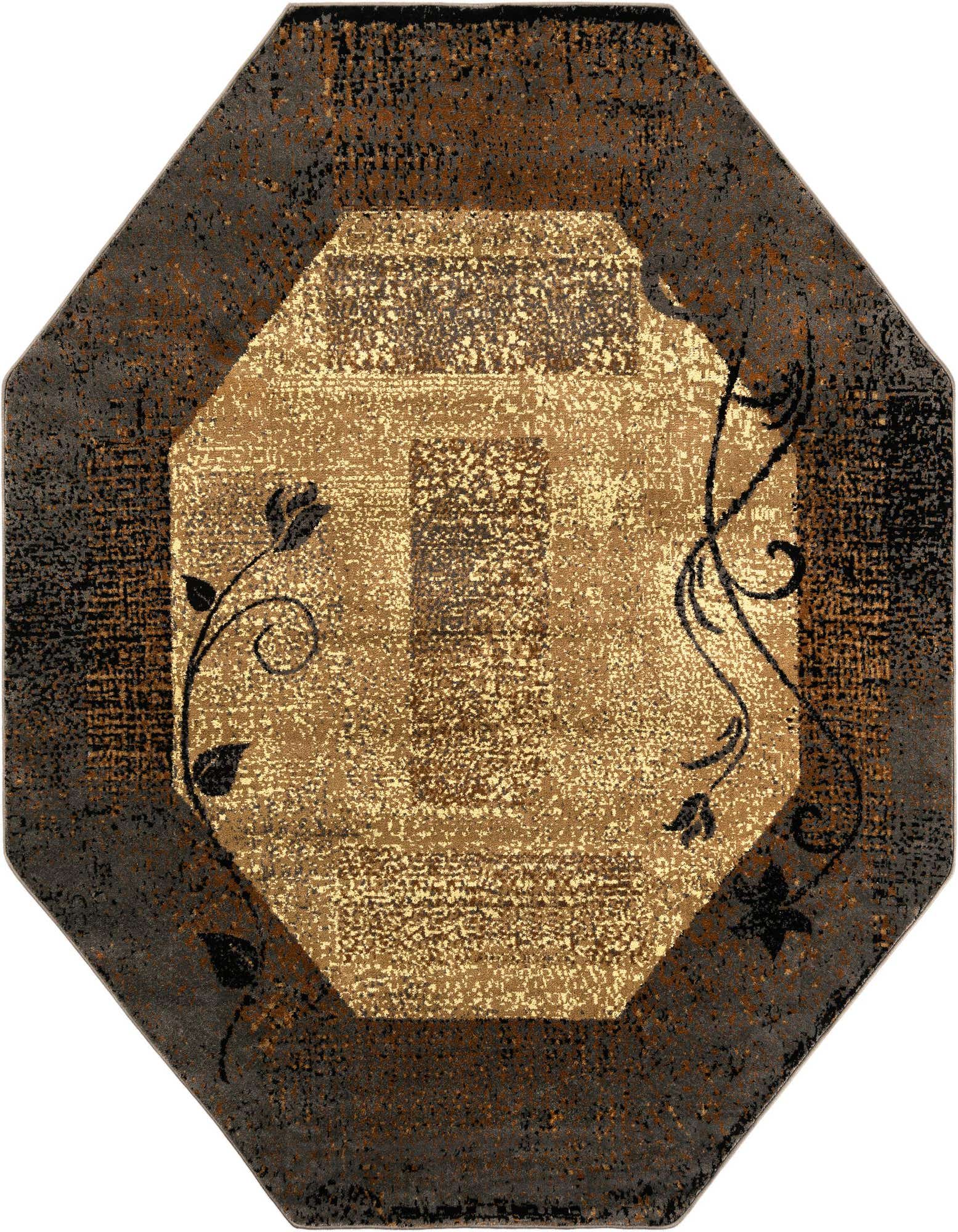 An octagon-shaped Rugs.com Cafe rug with a mottled brown and tan center, framed by a darker brown border with subtle floral vine accents.