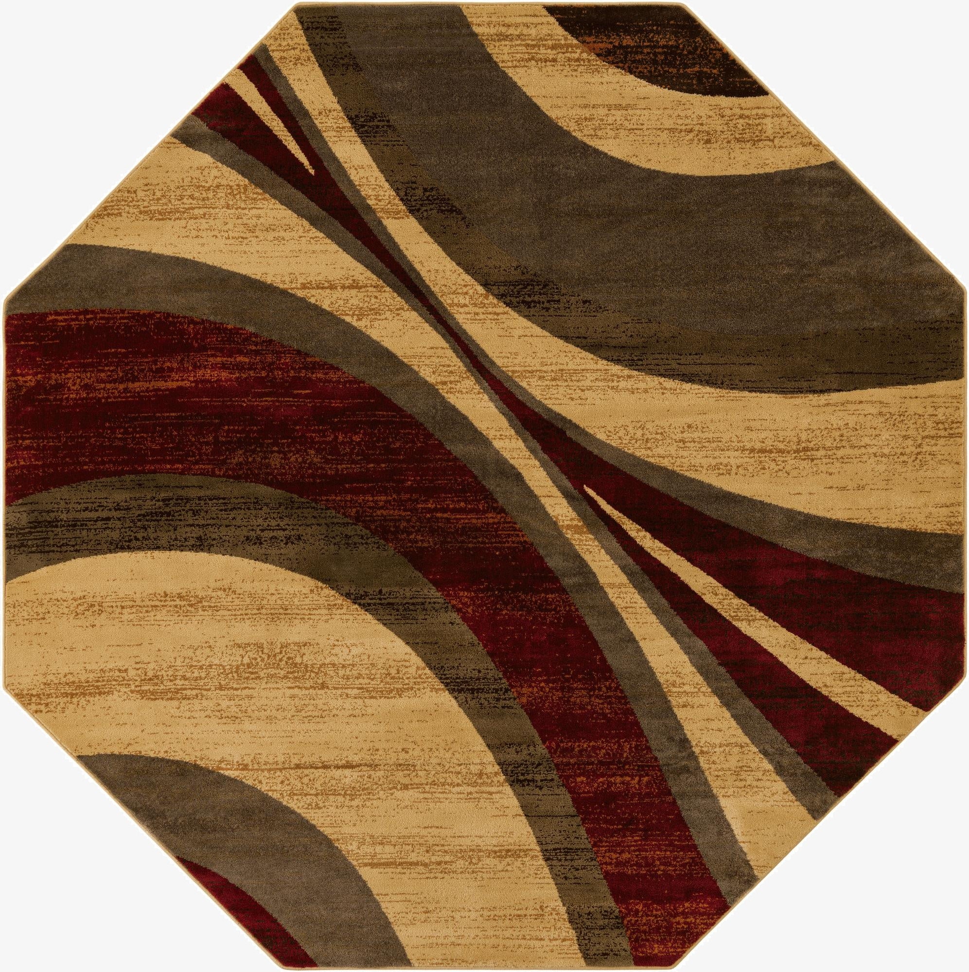 An octagon-shaped modern area rug featuring abstract waves in shades of brown, tan, cream, and deep red.