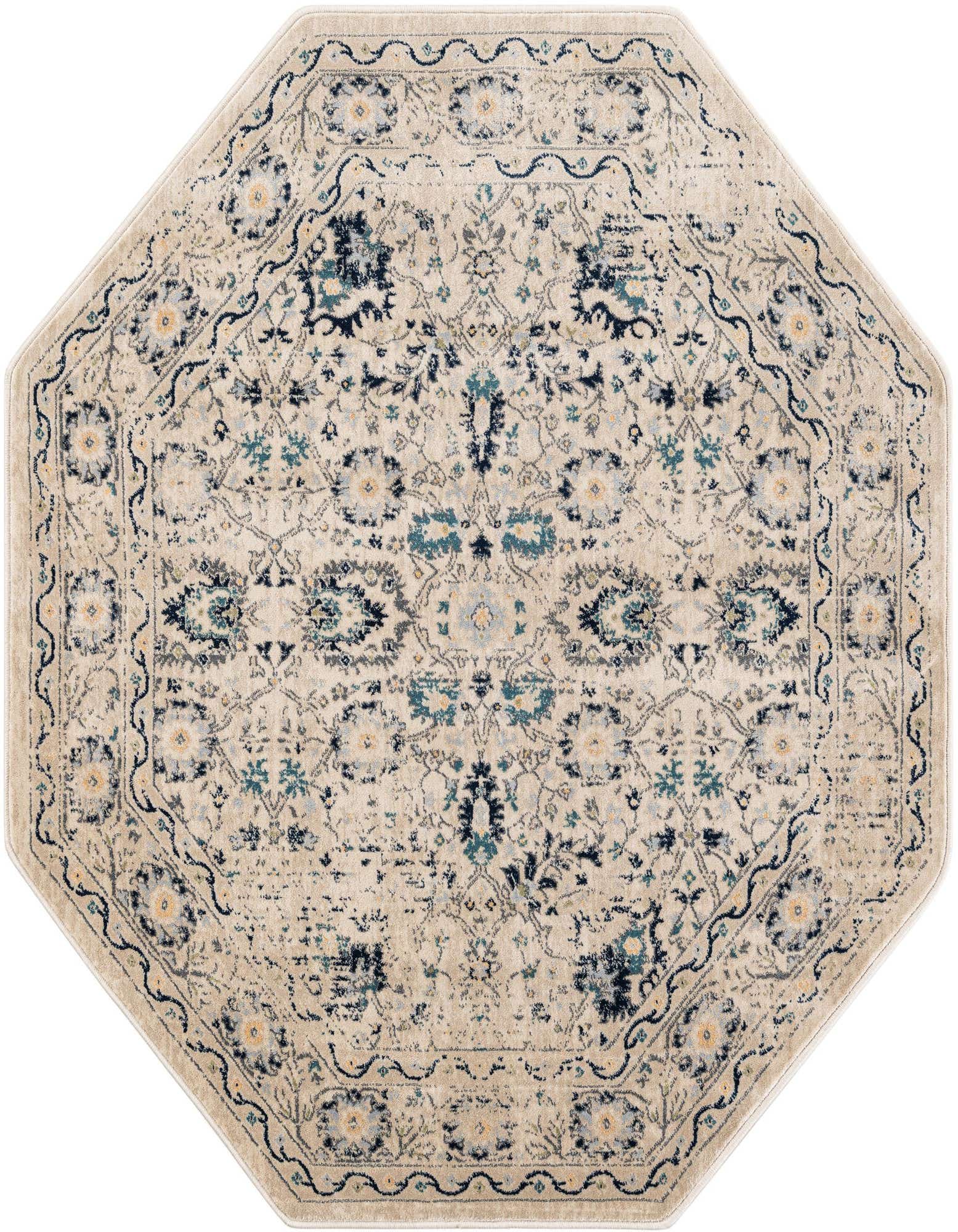 An octagon-shaped Dahlia Collection rug in cream and brown, featuring a traditional medallion pattern with blue and gold accents.