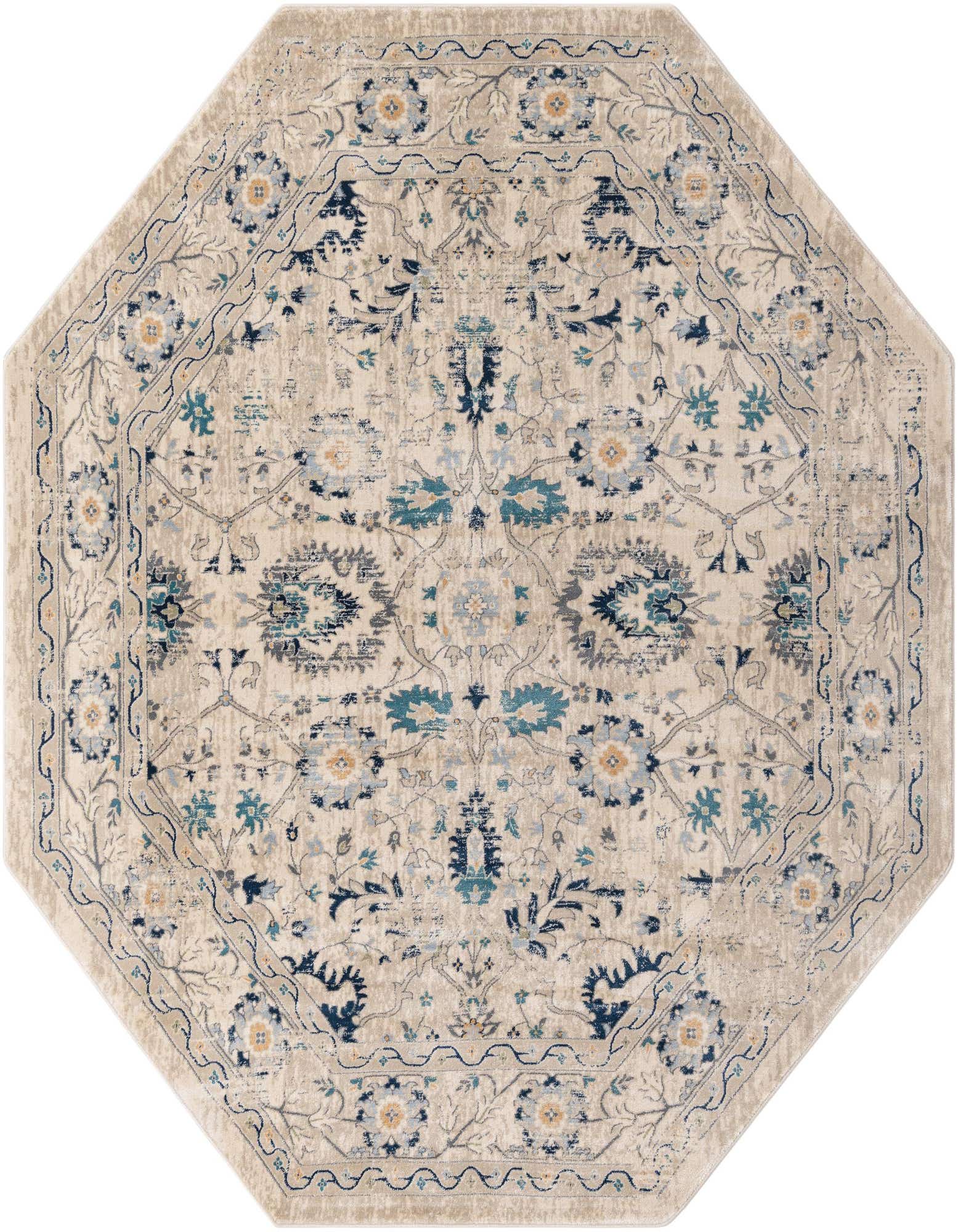 An octagon-shaped Dahlia rug, 7'10" x 7'10", featuring a distressed traditional medallion pattern in cream, tan, blue, and gold tones.