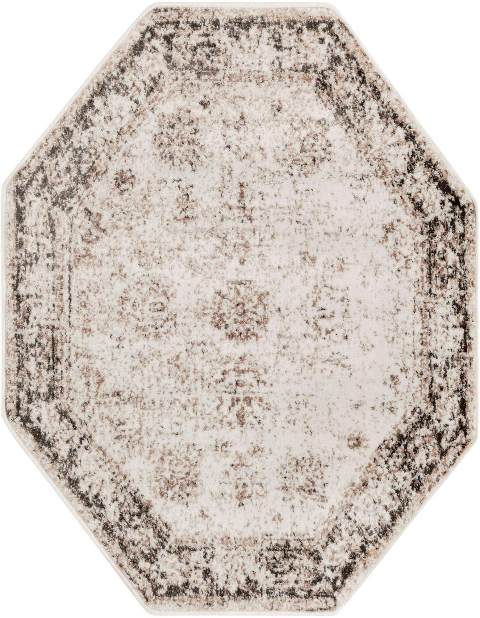 An octagon-shaped Monte Carlo rug featuring a distressed medallion pattern in shades of brown, tan, and cream.
