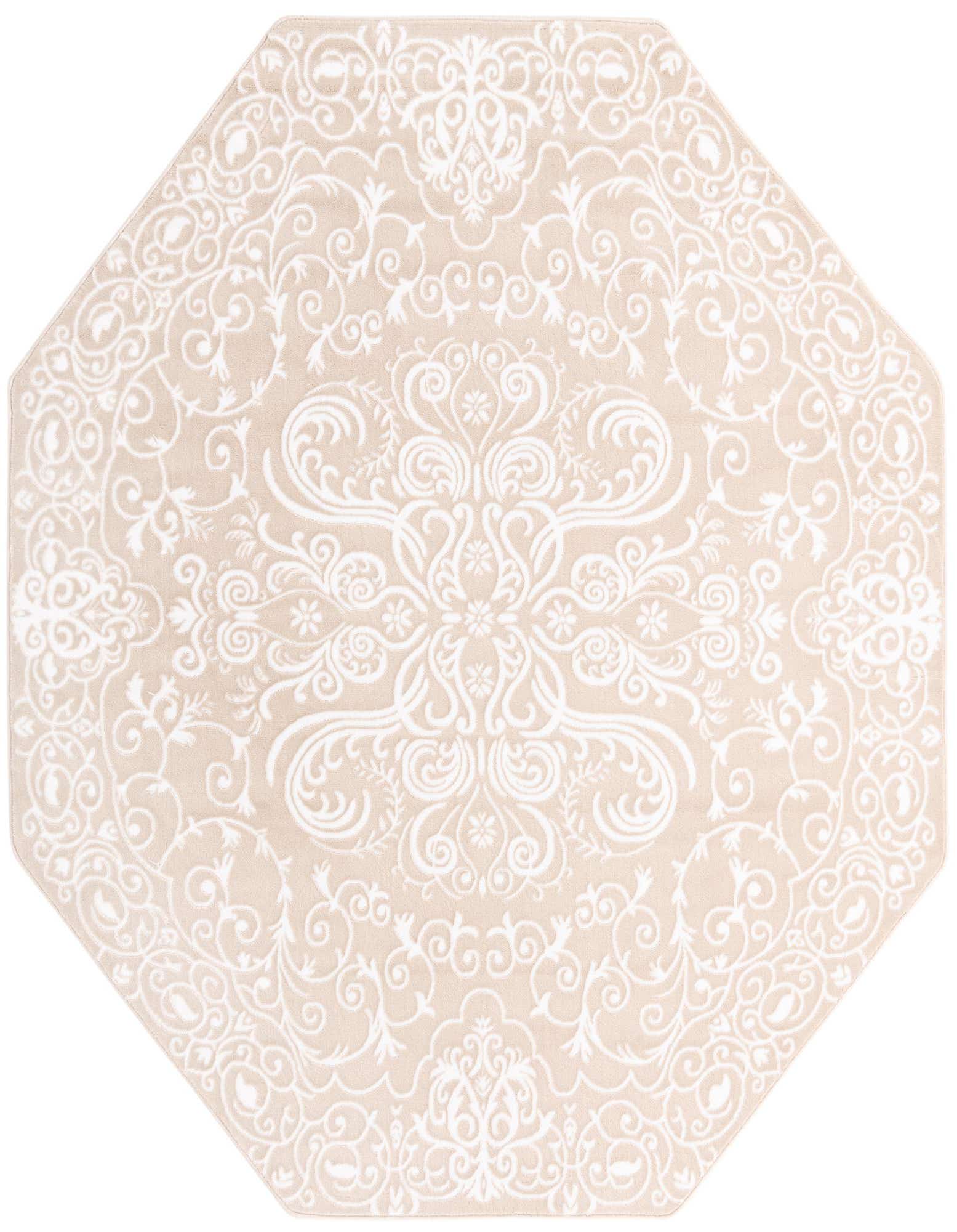 An octagon-shaped area rug featuring a traditional floral medallion pattern in ivory against a light brown background.