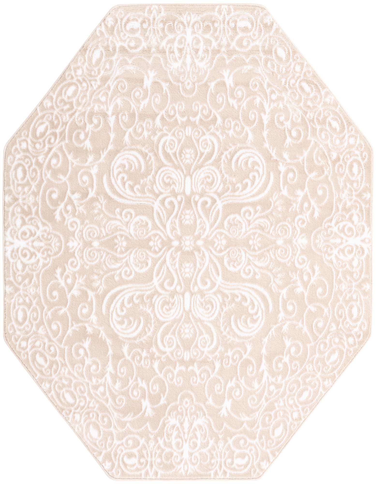 An octagon-shaped Rugs.com Nepal rug, 5' 3 x 5' 3, featuring a traditional ivory floral and scroll pattern on a light brown background.