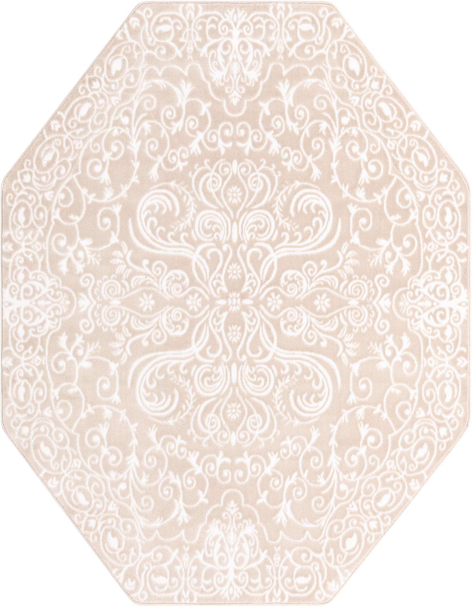 Octagon-shaped rug with a beige background and an intricate cream traditional floral and scroll pattern.