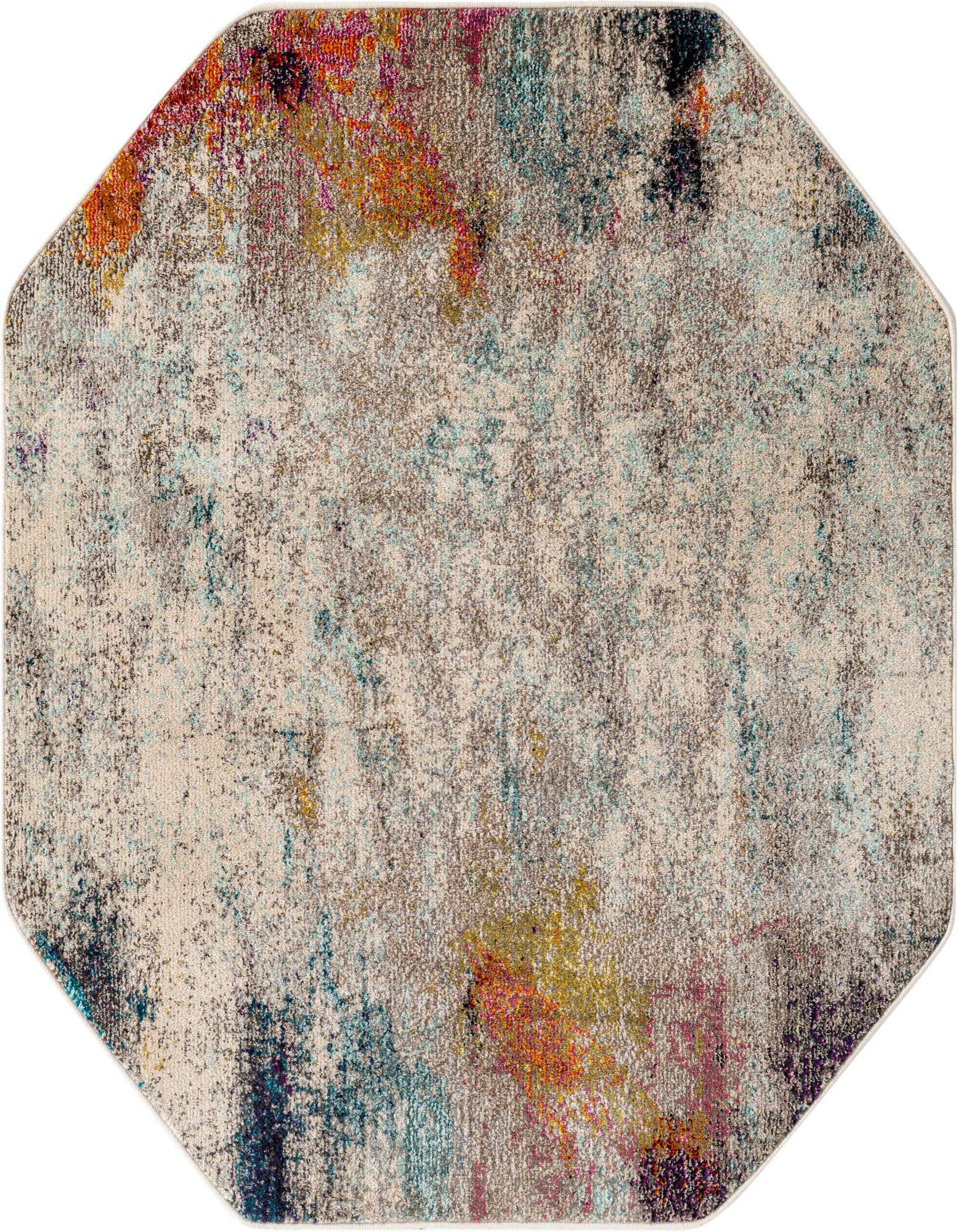 Octagon-shaped modern abstract rug with a distressed pattern in browns, tans, ivories, and vibrant splashes of orange, teal, and purple.