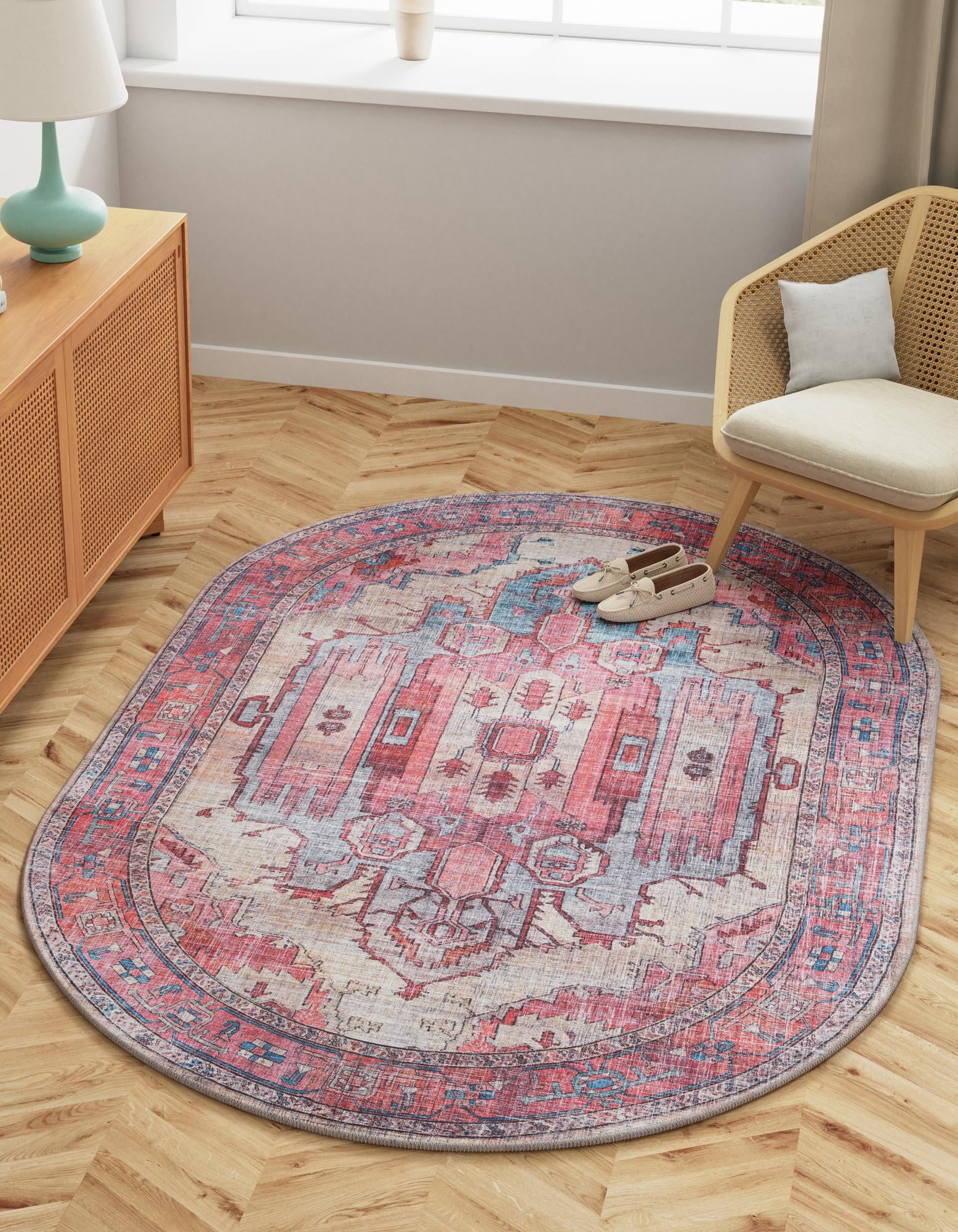Beige Washable Maahru Oval Rug