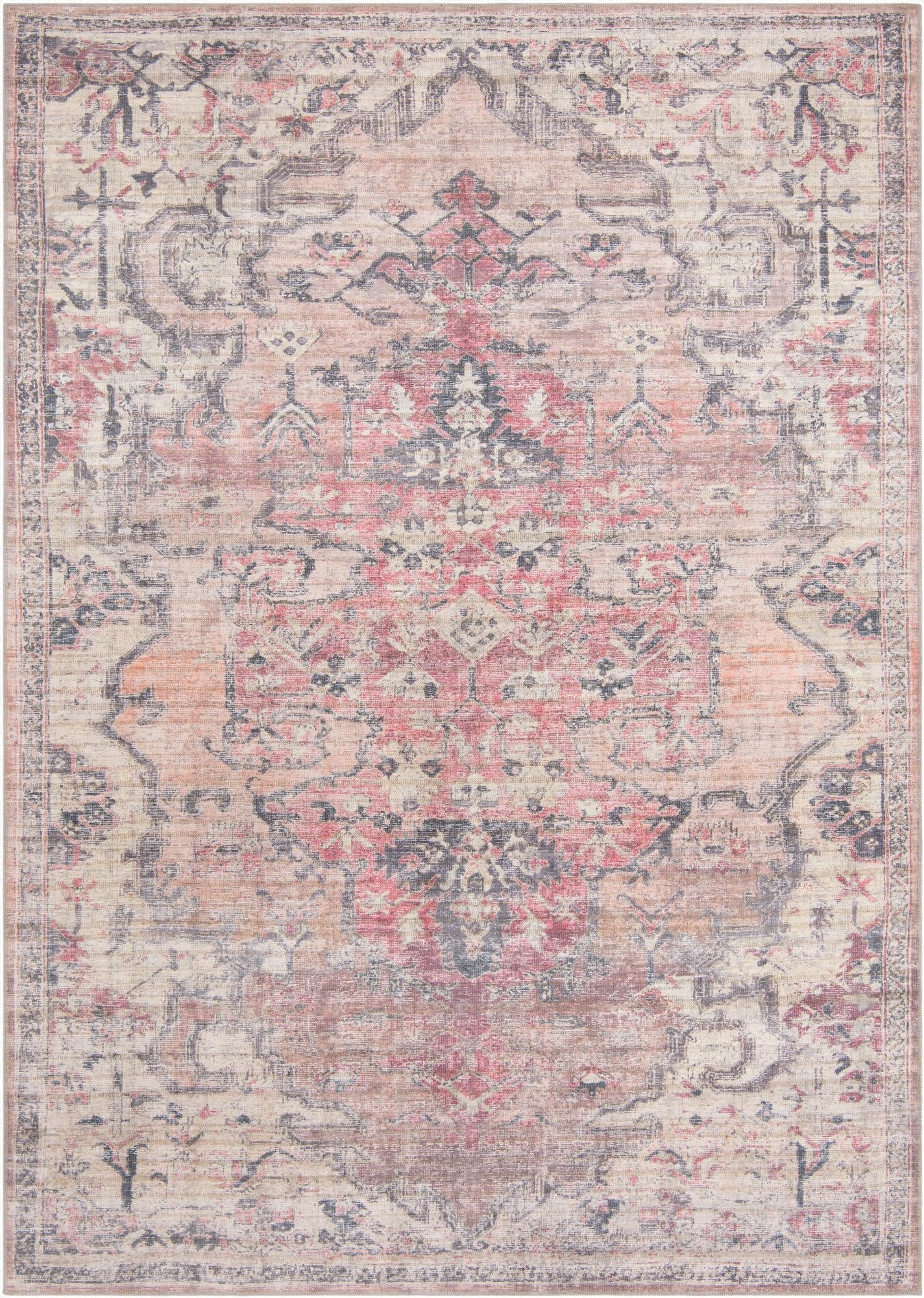 A rectangular 8x11 beige pink traditional rug with a distressed vintage tribal pattern, suitable for a living room.