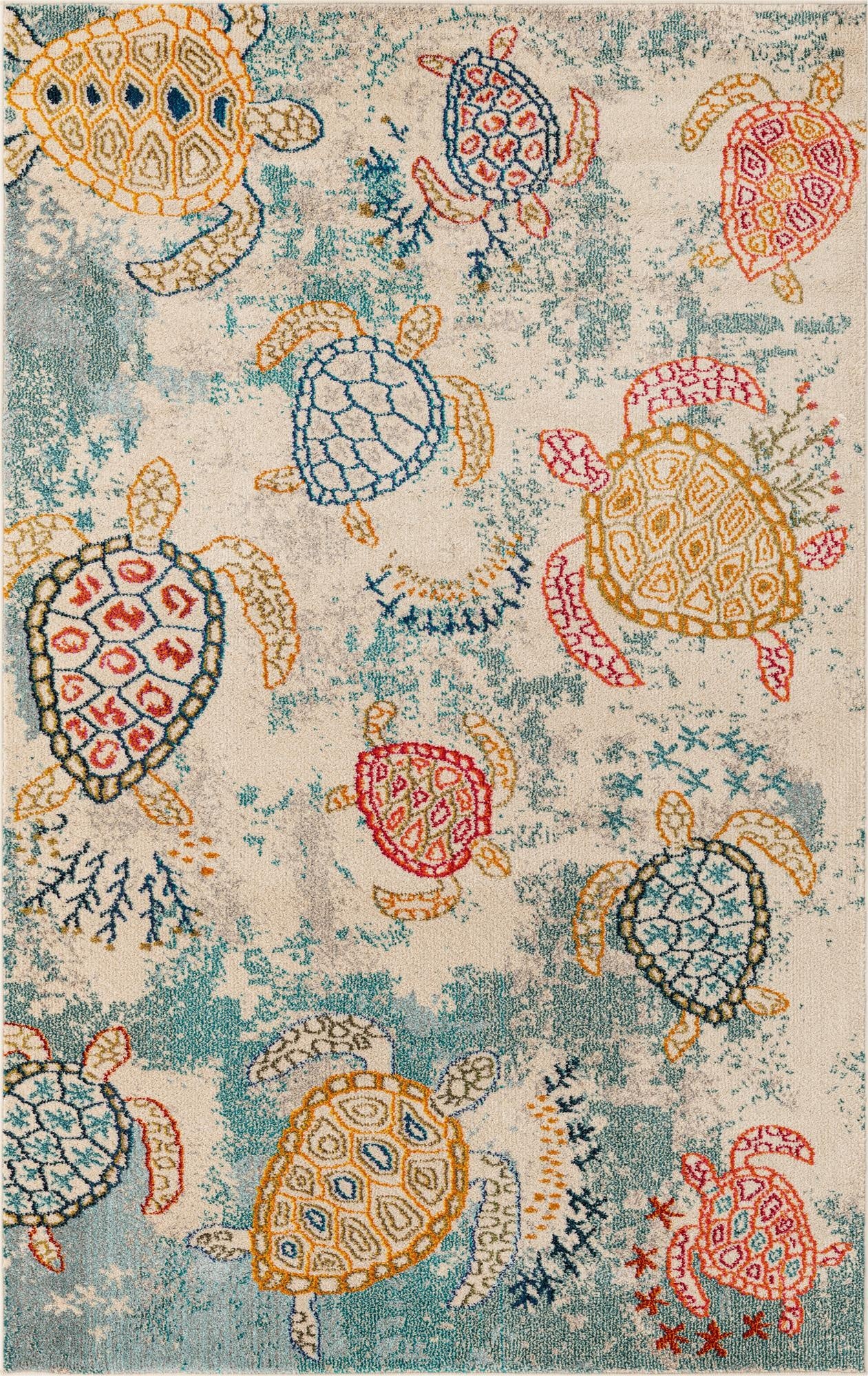 A rectangular 5x8 area rug featuring a playful coastal design with colorful sea turtles in shades of orange, blue, and red on a cream and distressed teal background.
