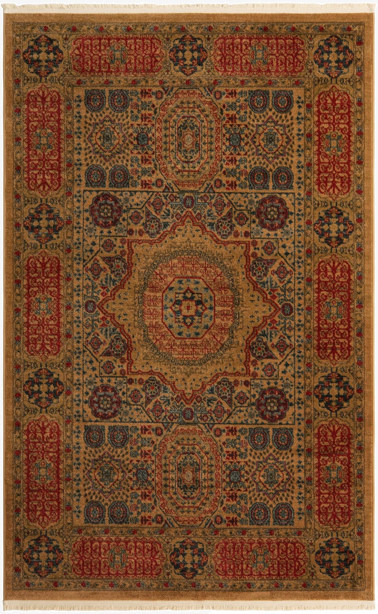 A 5x8 rectangular Amina rug with a distressed traditional medallion pattern in brown, red, and blue tones.
