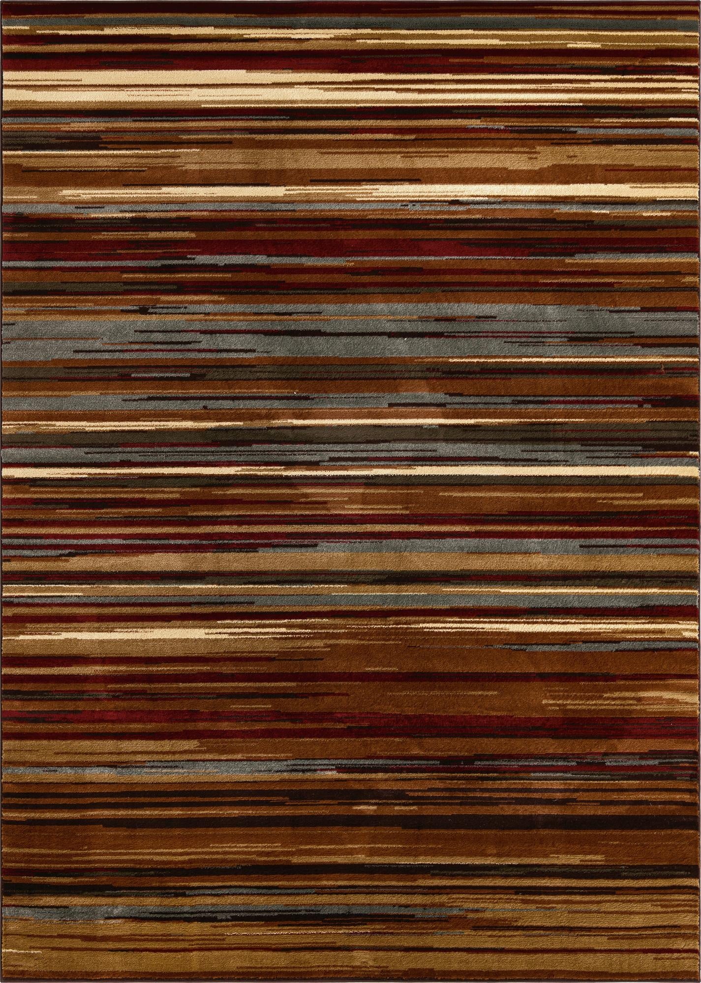 A 7x10 rectangular Cafe collection rug featuring an eclectic stripe pattern in shades of brown, tan, cream, and hints of red and grey.