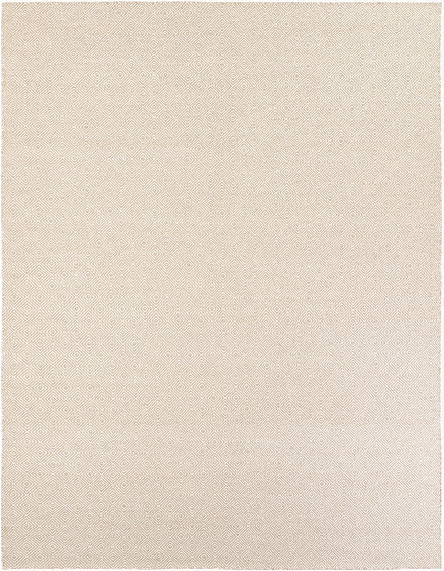 A 9x12 rectangular Geo Trellis Flatweave rug in brown and ivory, featuring a repeating diamond pattern.