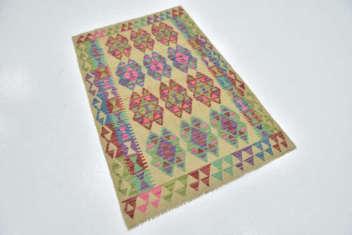 3' 2 x 4' 10 Hand Woven Kilim Maymana Wool Rug