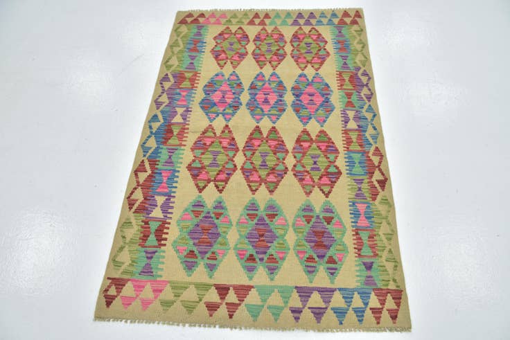 Detail image of 3' 2 x 4' 10 Hand Woven Kilim Maymana Wool Rug