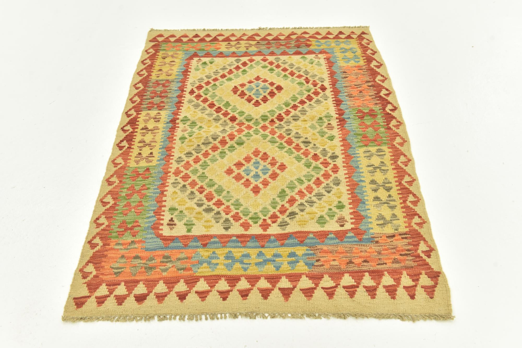 3' 4 x 4' 10 Hand Woven Kilim Maymana Wool Rug