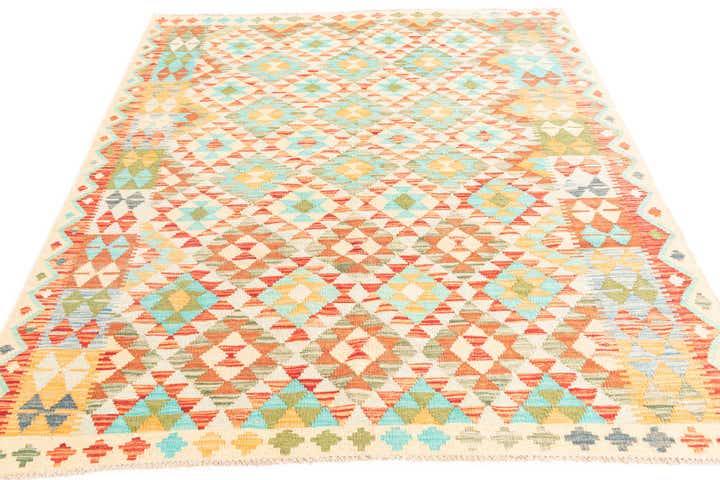 5' 2 x 6' 3 Hand Woven Kilim Maymana Wool Rug