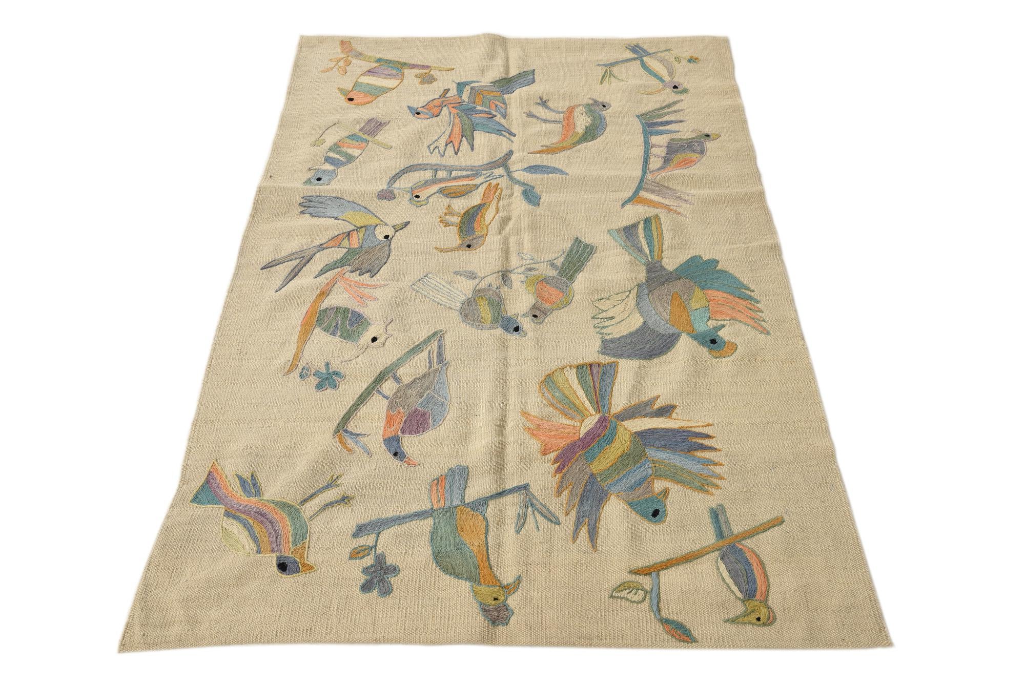 3' 2 x 4' 8 Hand Woven Kilim Suzani Wool Rug