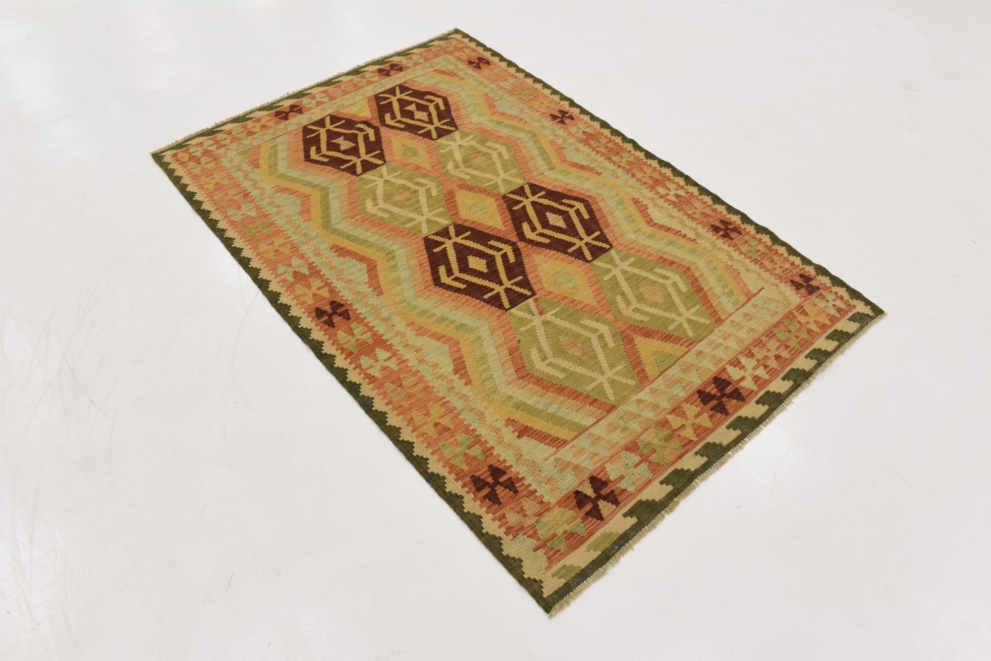 4' 3 x 6' 2 Hand Woven Kilim Waziri Wool Rug
