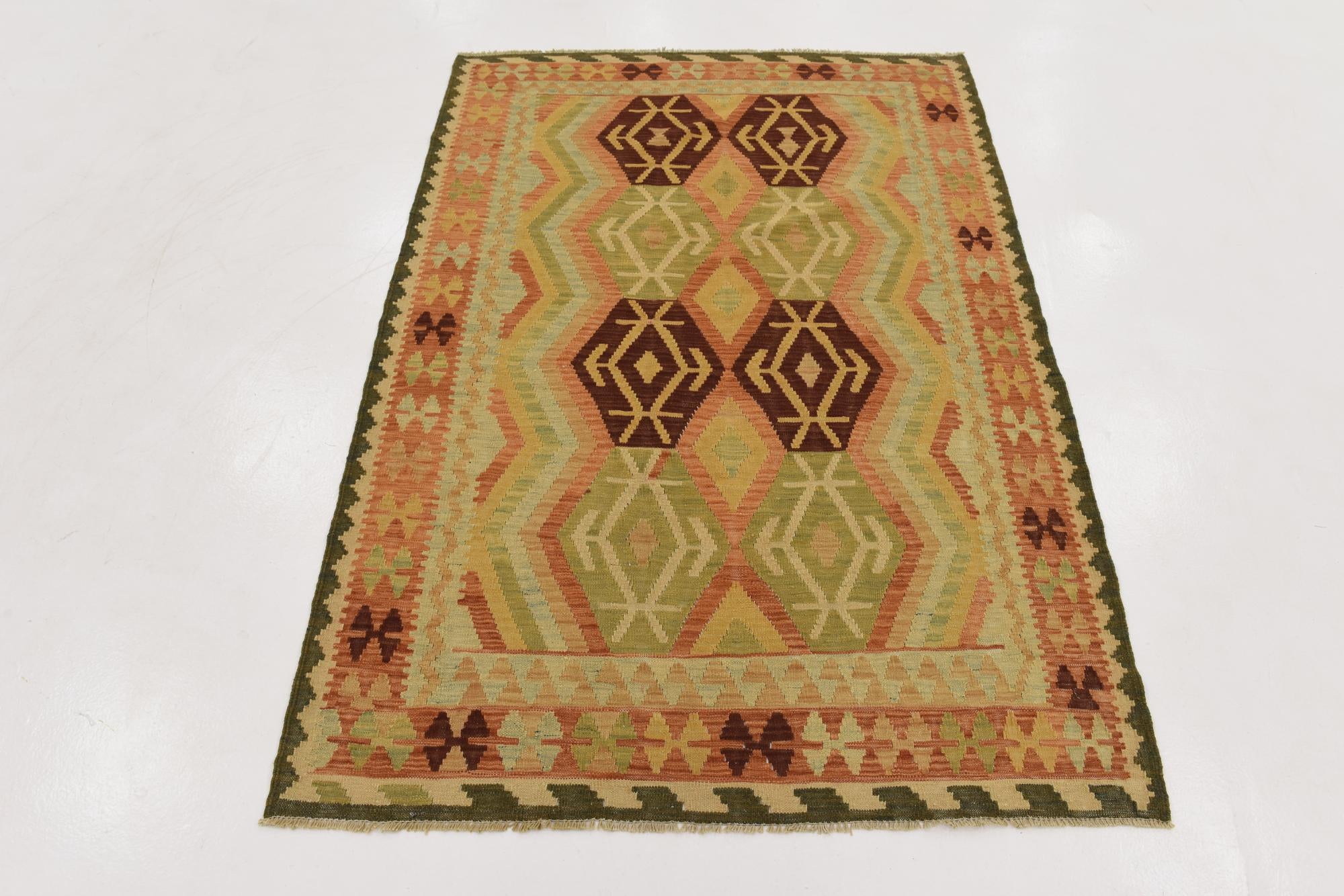 4' 3 x 6' 2 Hand Woven Kilim Waziri Wool Rug