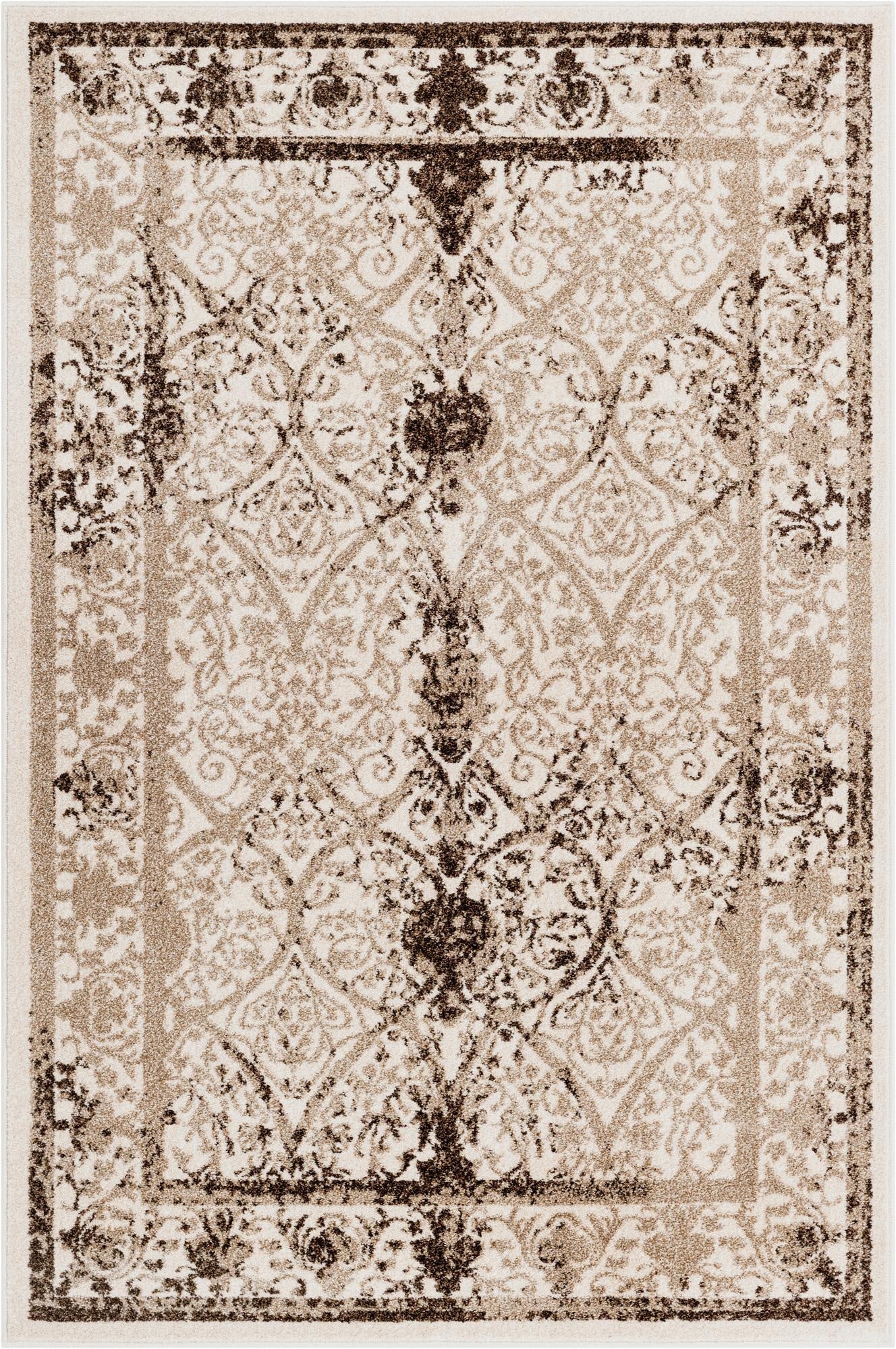 A rectangular 4x6 Rugs.com Miranda rug featuring a distressed traditional floral pattern in shades of brown, tan, and cream.