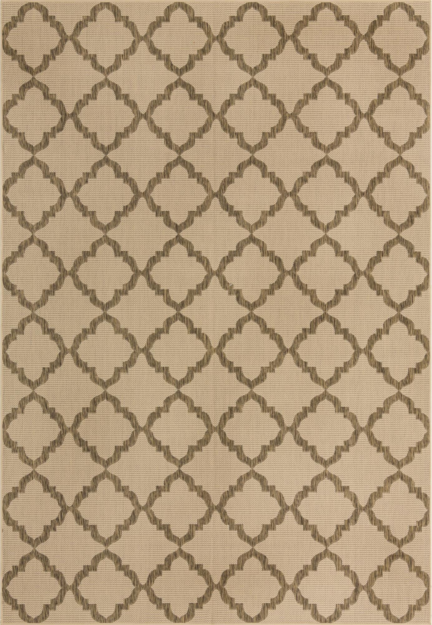 An 8x11 rectangular indoor/outdoor rug featuring a modern brown trellis pattern on a tan and cream background.
