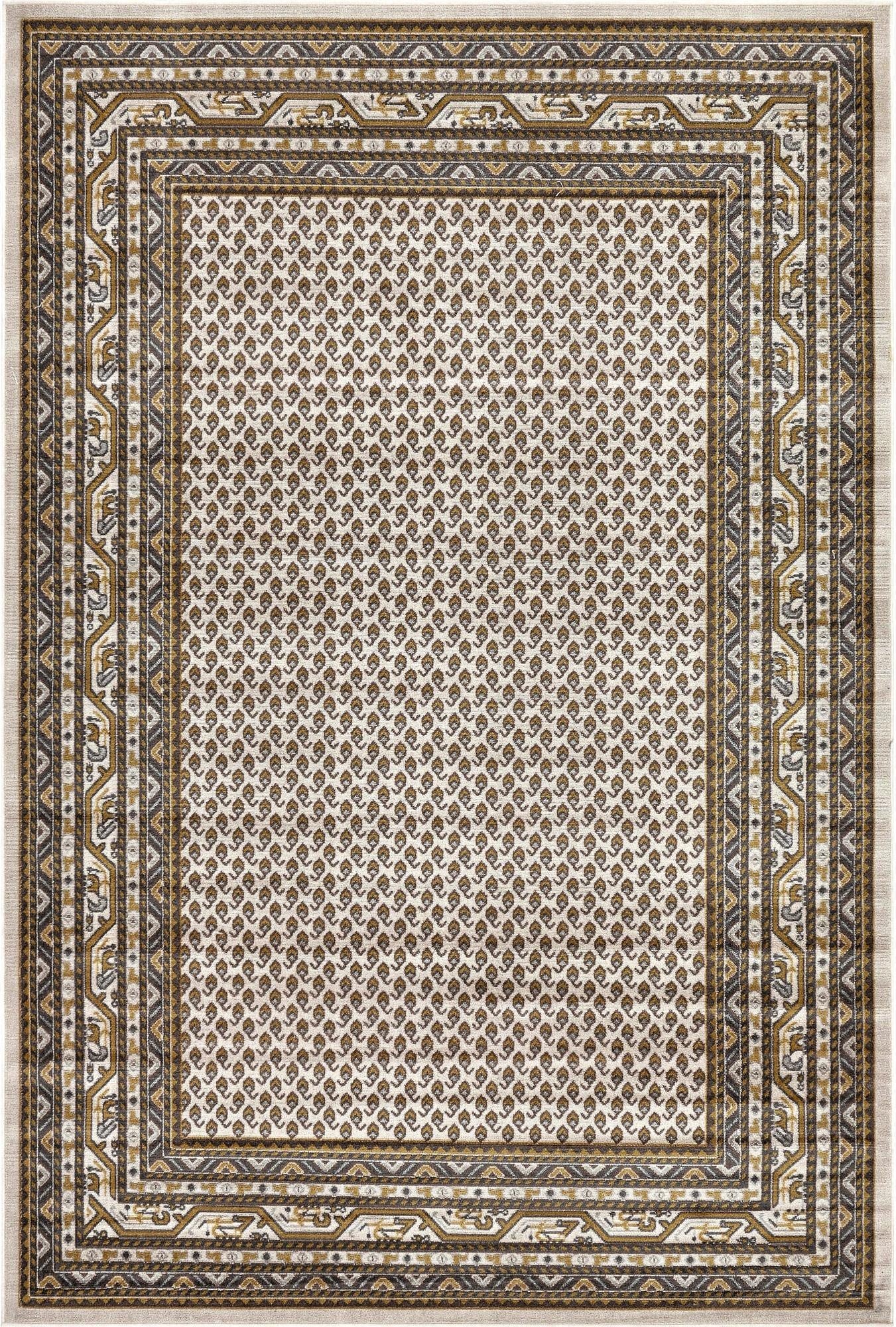 A rectangular 4x6 Southwestern rug with a cream field and repeated brown leaf-like motifs, bordered by intricate geometric and tribal patterns in brown, tan, and ivory.
