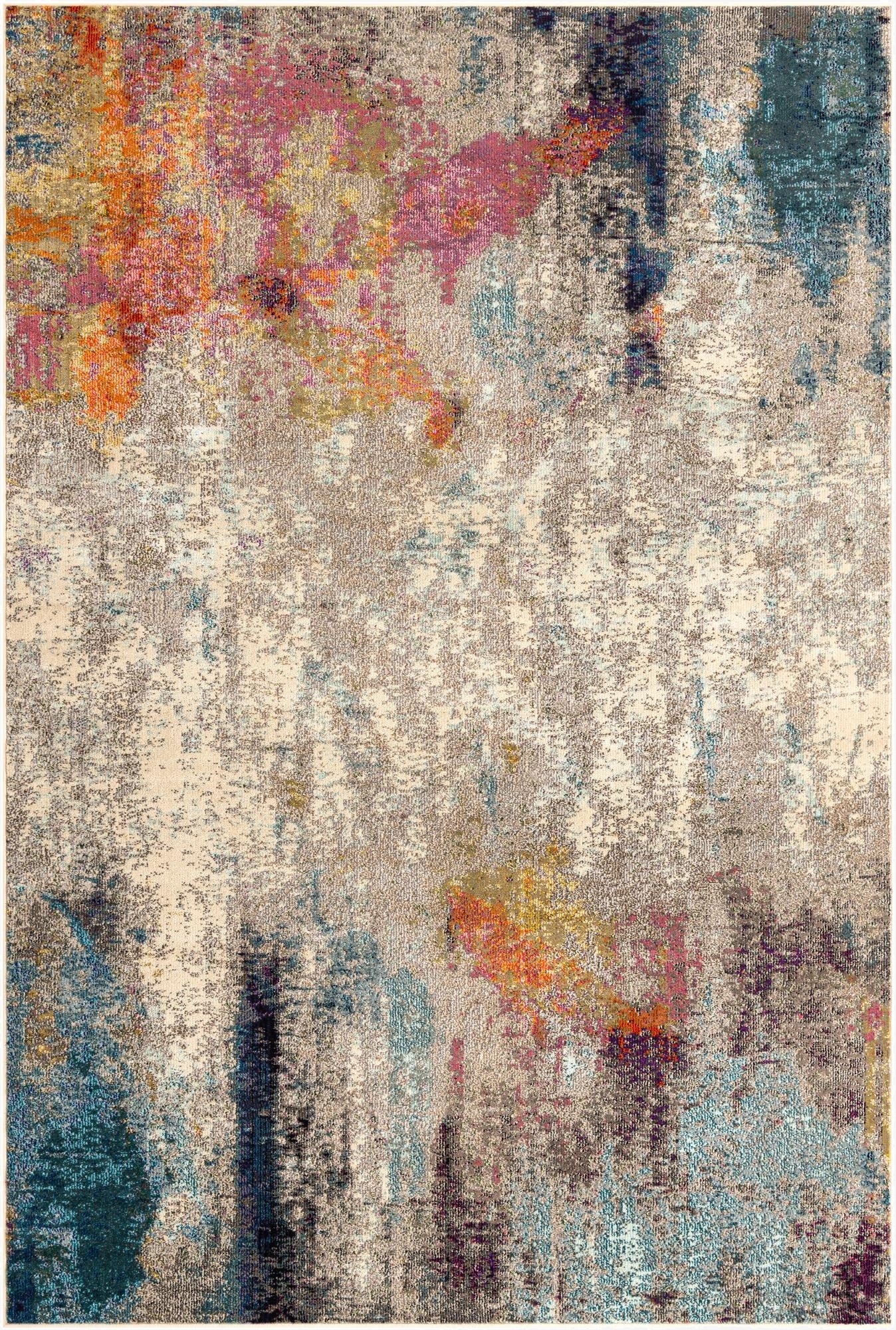 A 7x10 rectangular Theia rug featuring an abstract pattern with brown, tan, ivory, cream, orange, pink, and blue tones, suitable for a living room.