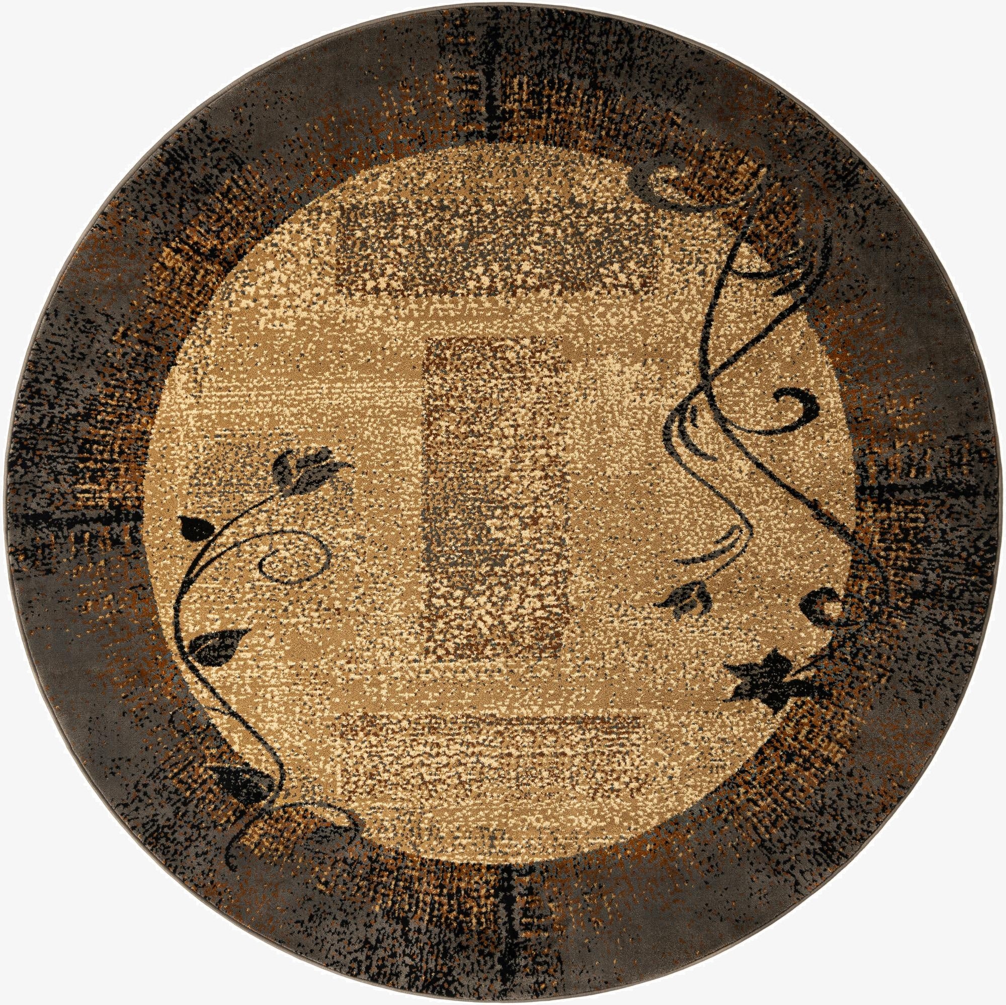 A 7' 10 round brown and tan rug with an eclectic floral and geometric pattern, perfect for an indoor living space.