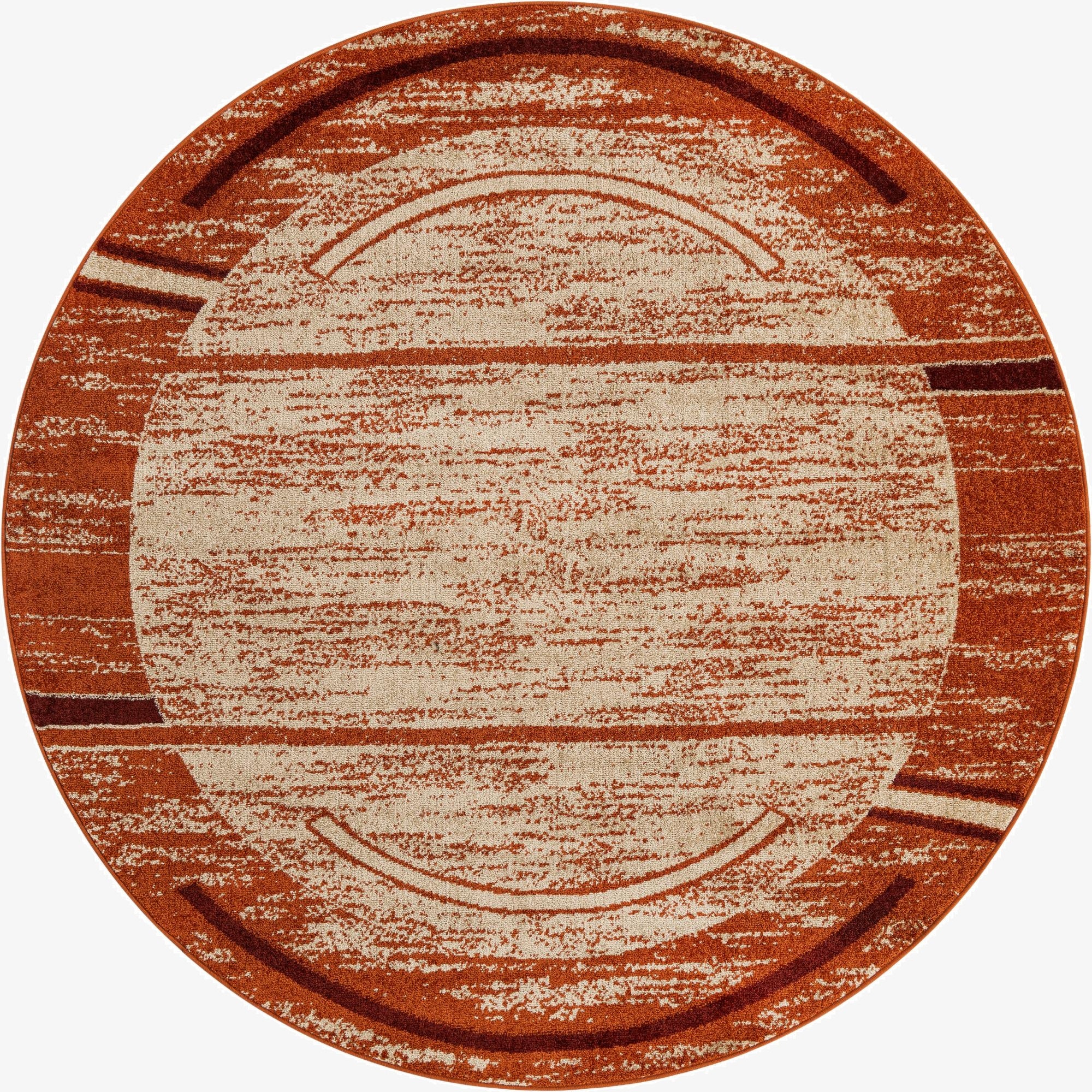 A round 7' 10 x 7' 10 modern rug featuring a distressed brown and tan striped pattern with cream accents.