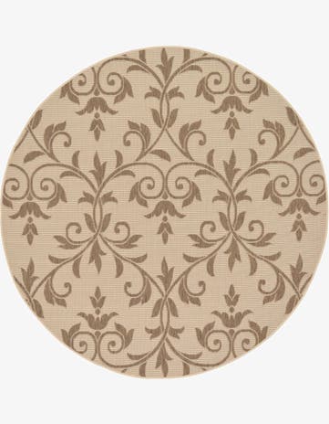Beige Easy-Clean Botanical Indoor / Outdoor Round Rug