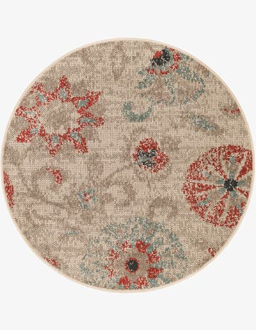 Beige Easy-Clean Botanical Indoor / Outdoor Round Rug