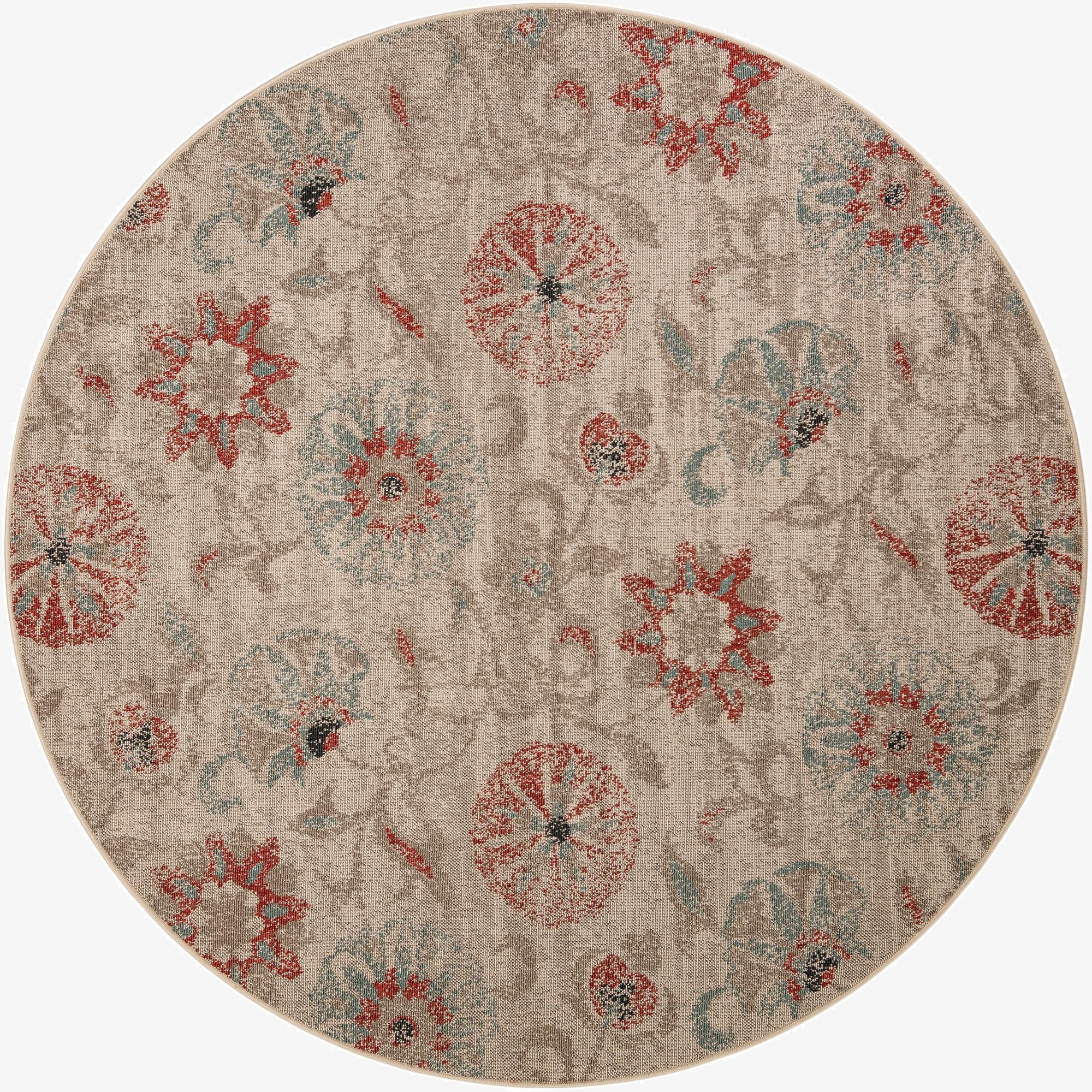 7' 10 x 7' 10  Washable Botanical Indoor / Outdoor Round Rug