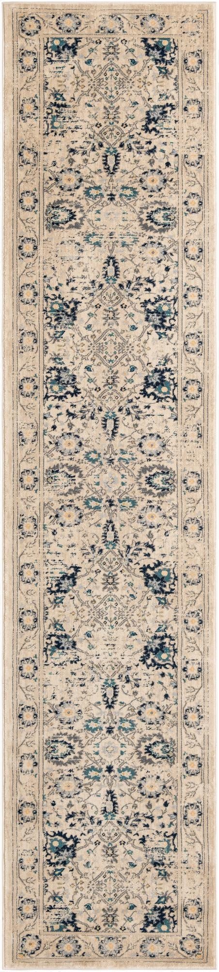 A long 12 ft runner rug with a distressed traditional medallion pattern in shades of cream, brown, and teal, ideal for a hallway.